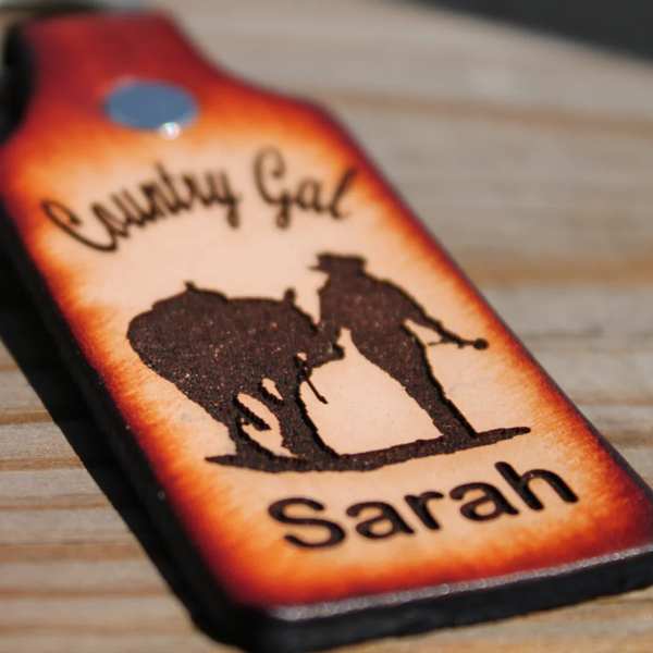Personalized Leather Keychain - Country Girl & Horse Design - Free Engraving