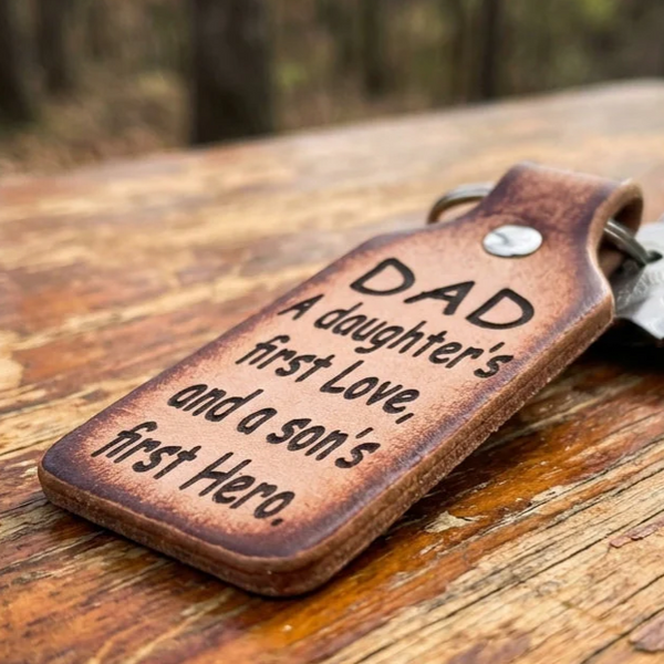 Personalized Leather Dad Keychain - 'A Daughter's First Love, Son's First Hero' - Made in USA