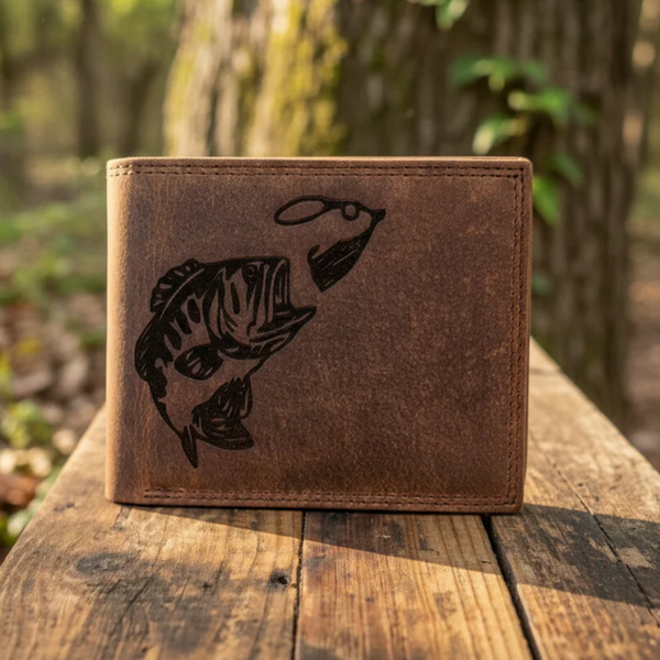 Personalized Leather Wallet with Fishing Bass Design