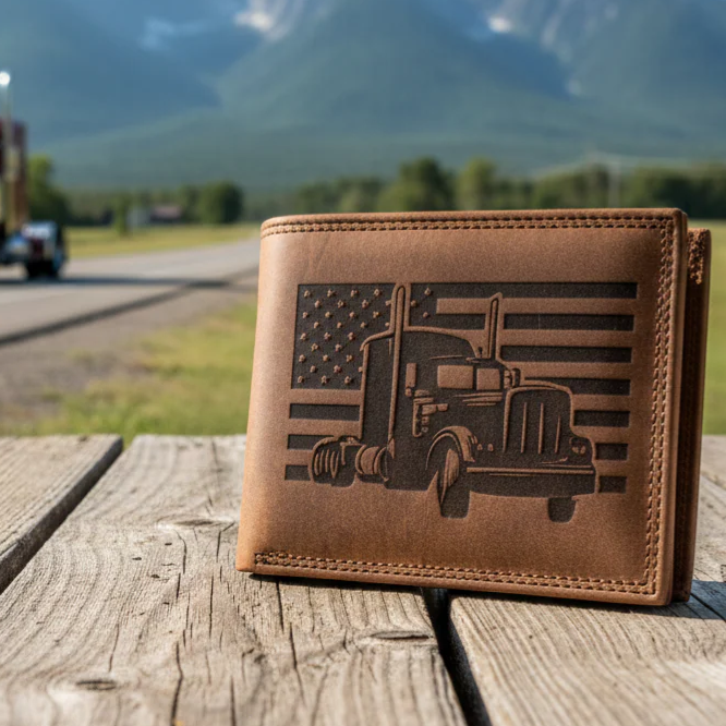 American Trucker Leather Wallet, Patriotic Trucker Gift