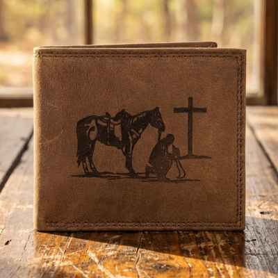 Distressed Leather Cowboy Wallet with Cross - Personalized Bifold