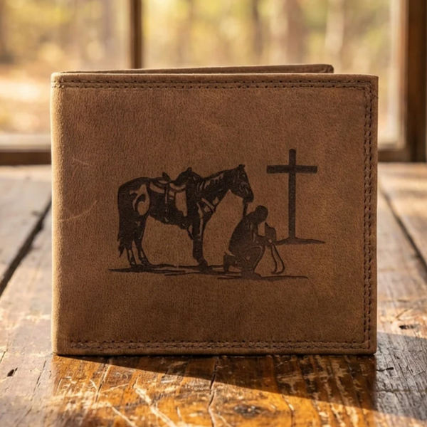Distressed Leather Cowboy Wallet with Cross - Personalized Bifold