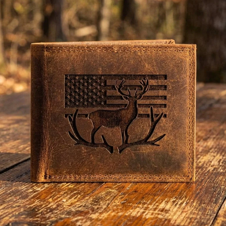 Leather Deer with Flag and Antlers Bifold Wallet