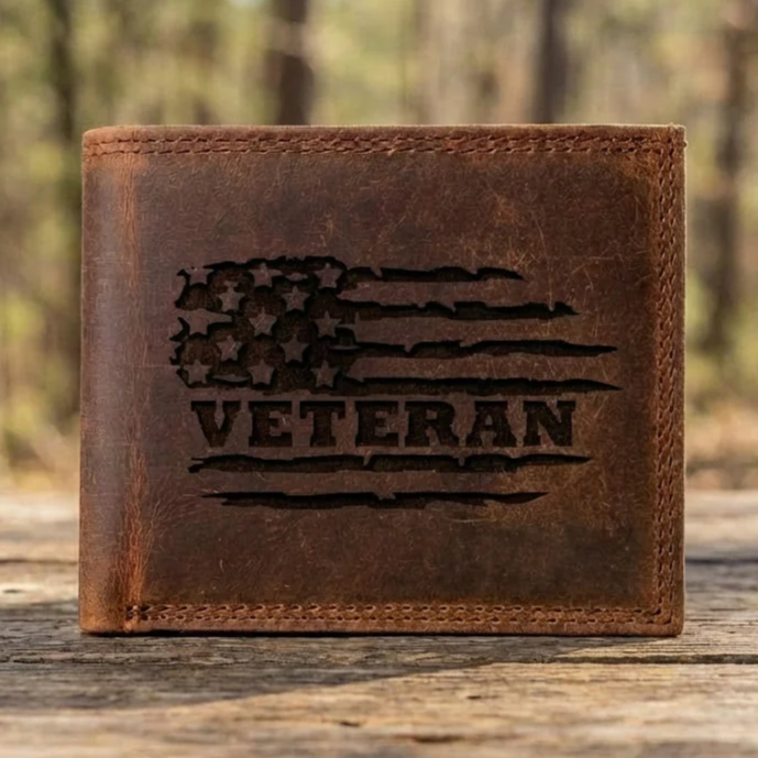 Veteran Leather Wallet - American Flag Engraved