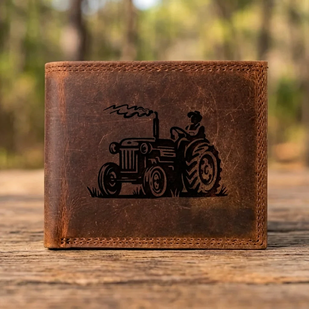 Handcrafted Leather Wallet with Farmer Driving a Tractor Design