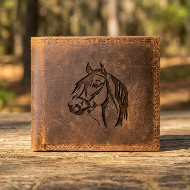Leather Horse Head  Wallet for Men, Engraved Bifold Wallet