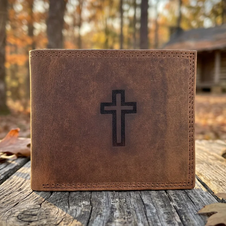 Genuine Leather Christian Wallet with Cross Design