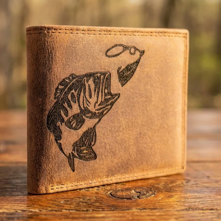 Personalized Leather Wallet with Fishing Bass Design
