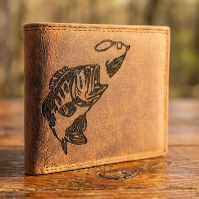 Personalized Leather Wallet with Fishing Bass Design