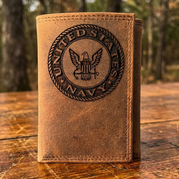 United States Navy Engraved Distressed Brown Leather Trifold Wallet