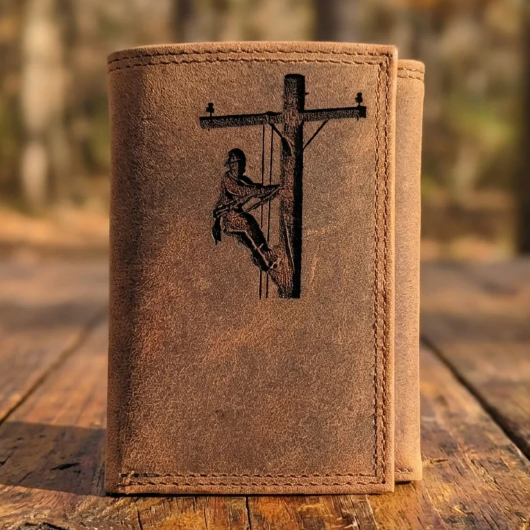 Men's Laser Engraved Leather Wallet - Lineman Power Pole Design