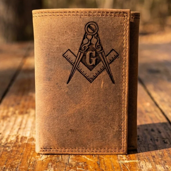 Genuine Leather Masonic Trifold Wallet with Square and Compasses Logo