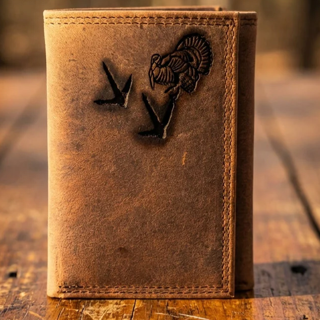 Men's Distressed Leather Trifold Wallet with Embossed Wild Turkey Design
