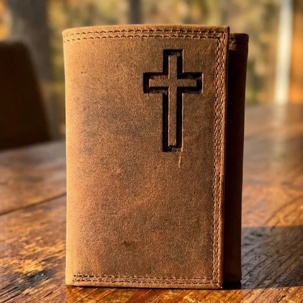 Men's Distressed Leather Trifold Wallet with Christian Cross Etching