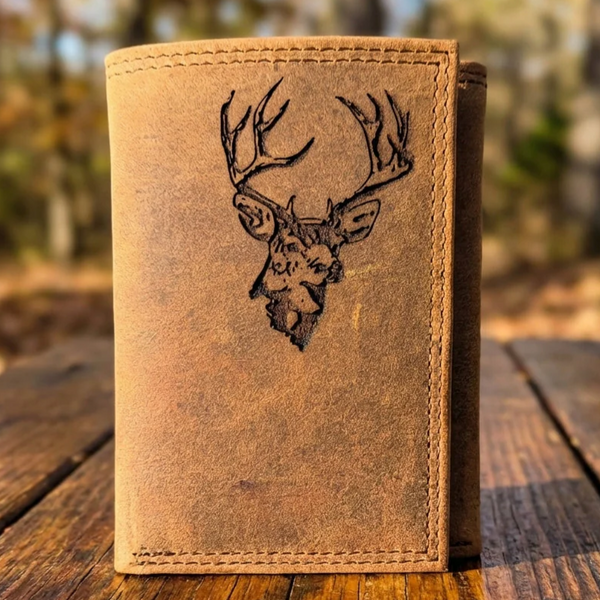 Men's Genuine Leather Trifold Wallet with Engraved Deer Head