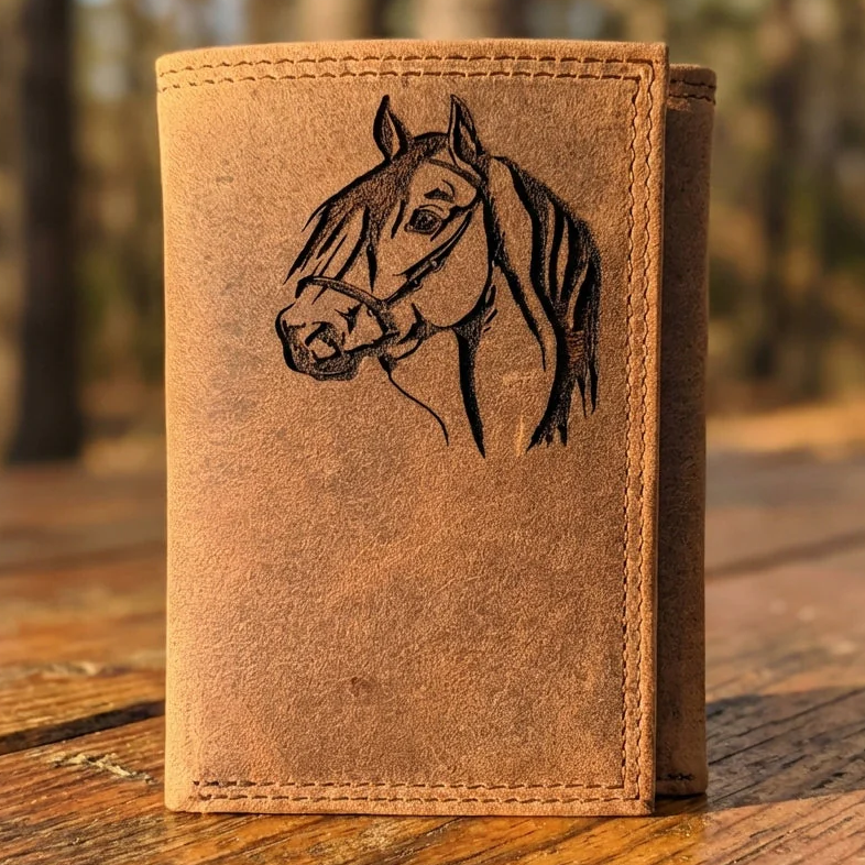 Handcrafted Leather Trifold Wallet with Engraved Horse Head