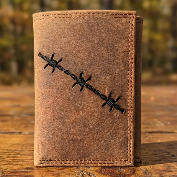 Men's Distressed Brown Leather Trifold Wallet with Barbed Wire Design