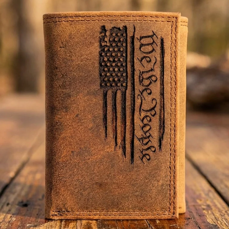 Engraved Leather Trifold Wallet - American Flag 'We the People' Design