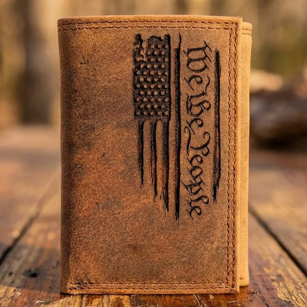 Engraved Leather Trifold Wallet - American Flag 'We the People' Design