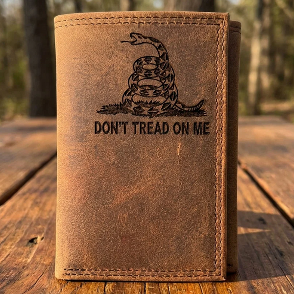 Genuine Leather Gadsden Flag Trifold Wallet - Don't Tread On Me Engraved