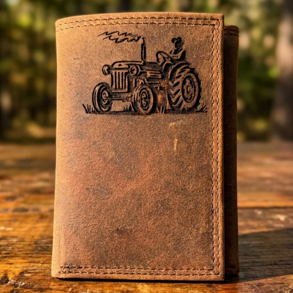 Vintage Tractor Engraved Men's Distressed Leather Trifold Wallet