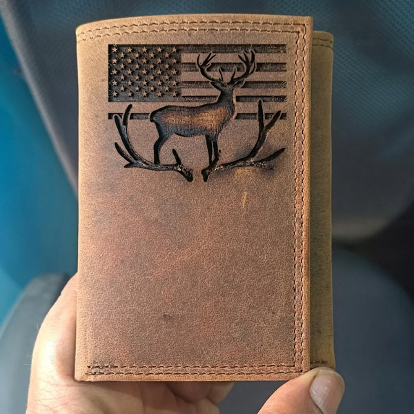Men's Distressed Leather Trifold Wallet with American Flag & Deer Design