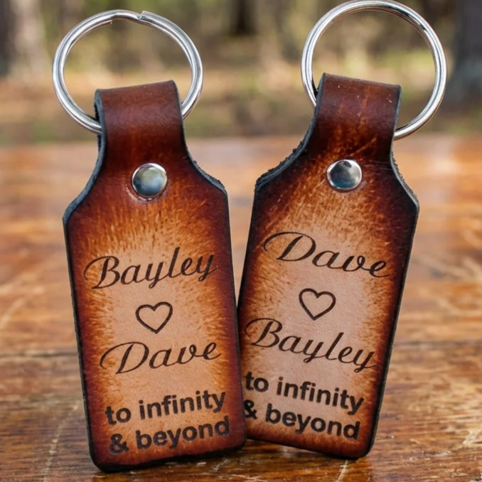Personalized Leather Keychain Set - Engraved Names - Gift Boxed