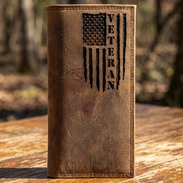 Distressed brown leather long roper wallet with an etched tattered American flag and vertical VETERAN text.