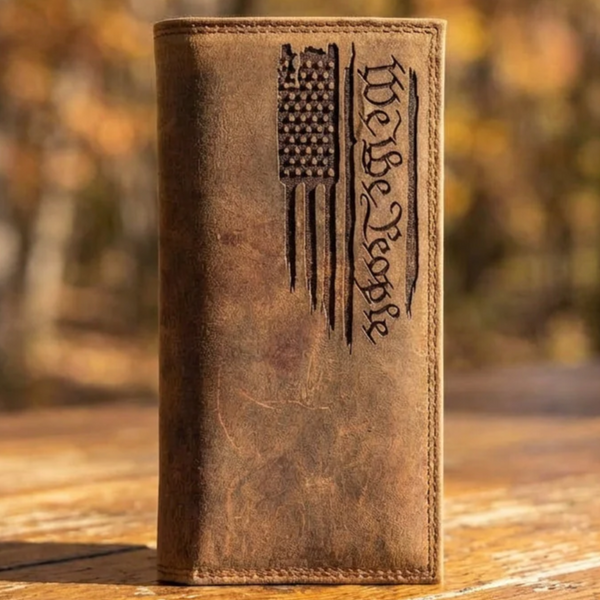 Distressed brown leather long wallet engraved with a vertical American flag and the script text "We The People.