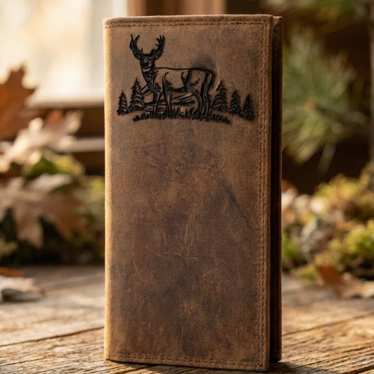 Distressed brown leather rodeo wallet with an embossed buck and forest scene.