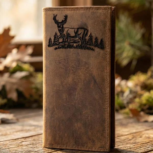 Distressed brown leather rodeo wallet with an embossed buck and forest scene.