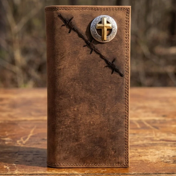Brown leather roper wallet with a gold cross medallion and a diagonal barbed wire design on the front.