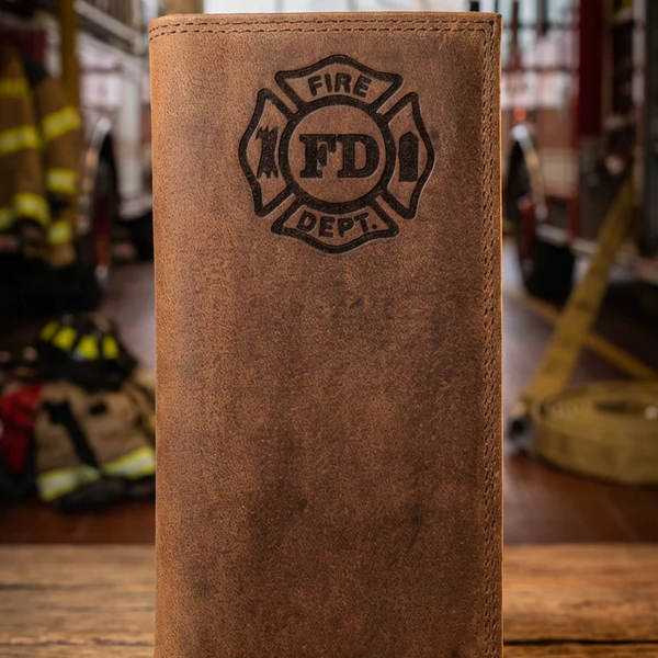 Brown leather roper wallet featuring an embossed firefighter Maltese cross logo.