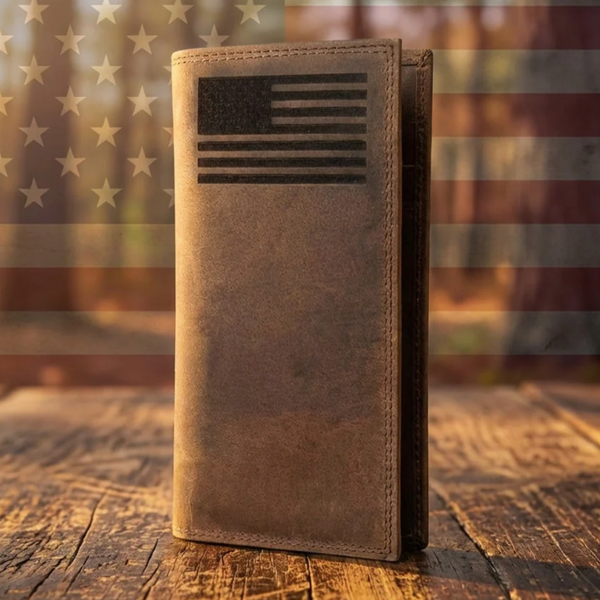 Distressed brown full-grain leather roper wallet with an engraved American flag on the front.