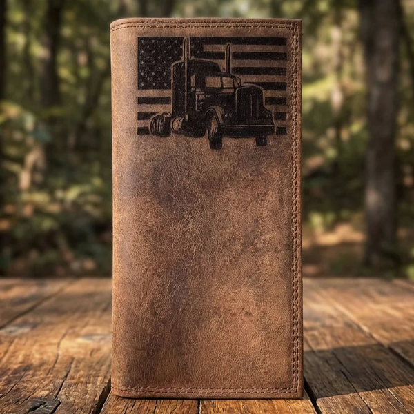 Distressed brown leather roper wallet featuring an engraved semi-truck and American flag design.