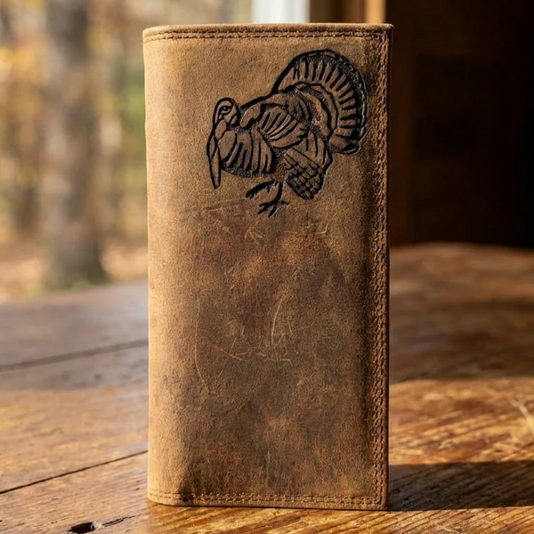 Miller's Distressed Leather Roper Wallet with a black embossed wild turkey design on the front.