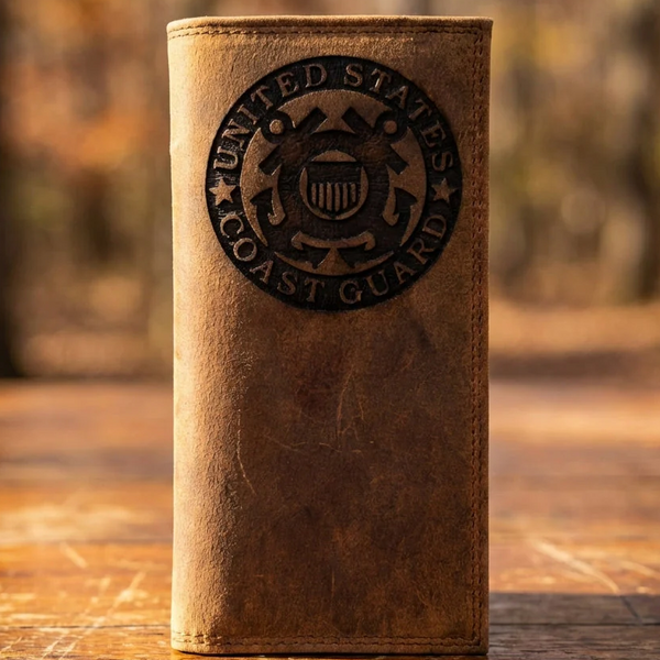 Distressed brown leather roper style long wallet with an engraved United States Coast Guard emblem.