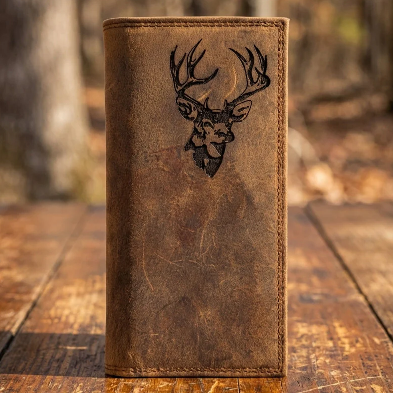 Men's distressed leather rodeo wallet with an engraved deer stag head design standing on a wooden surface.