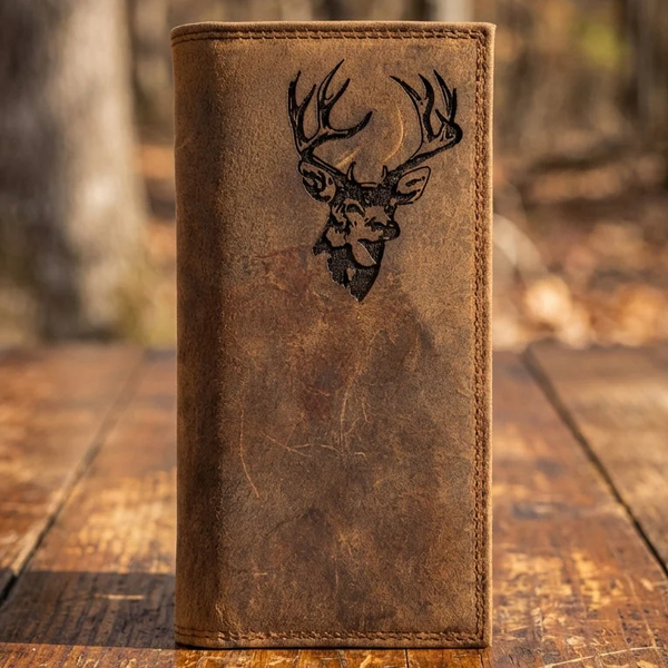 Men's distressed leather rodeo wallet featuring an engraved deer stag buck design.