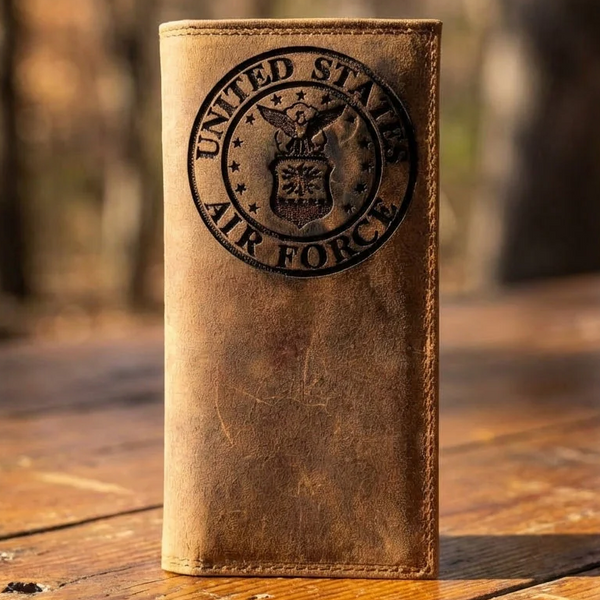 Long brown leather roper wallet featuring an embossed United States Air Force logo.