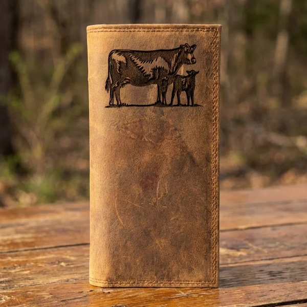 Distressed Leather Roper Wallet - Cow and Calf Engraved Long Wallet