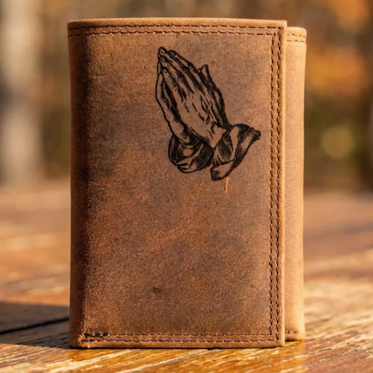 Men's Engraved Leather Trifold Wallet with Praying Hands Design