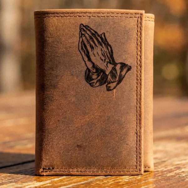 Men's Engraved Leather Trifold Wallet with Praying Hands Design