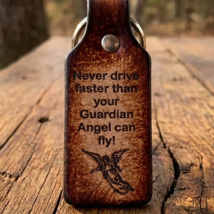 Leather Keychain - Tooled 'Guardian Angel' Design - Personalized Gift