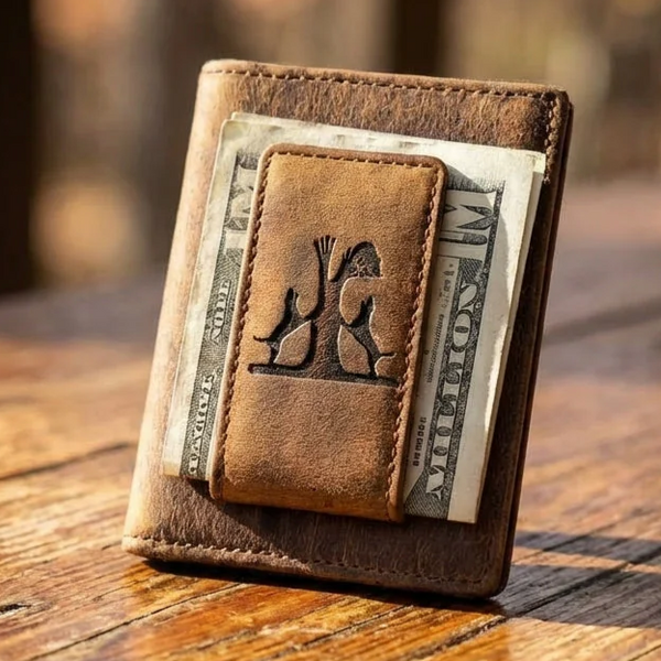 Personalized Leather Money Clip Wallet - Tree with Dogs