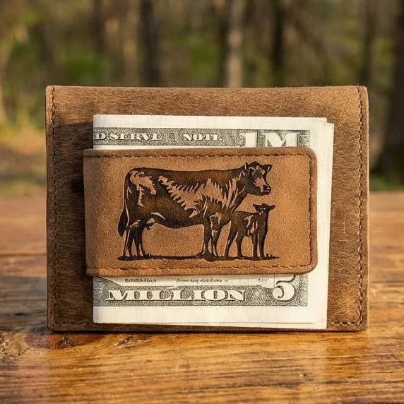 Leather Money Clip Wallet - Cow Farming Design, Slim Front Pocket