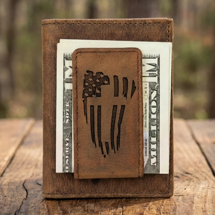 American Flag Leather Money Clip Wallet | Rustic Brown