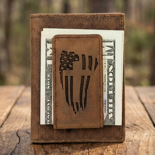 American Flag Leather Money Clip Wallet | Rustic Brown