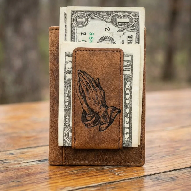 Leather Money Clip with Praying Hands Design