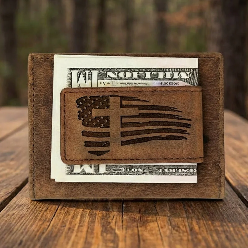 Leather Money Clip Wallet with American Flag Design